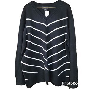 Liz Claiborne Size 2X Black White Stripe V-neckline Contrast Pull-on Sweater NWT